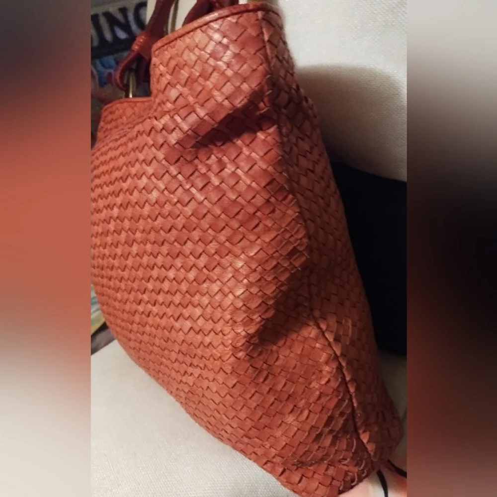 Elliott Lucca Genuine PIG Leather Orange Weaved Large Hobo Handbag - Picture 4 of 13